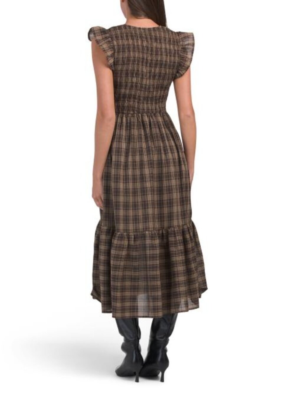 BLU PEPPER Plaid Smocked V-neck Faux Button Ruffled Midi Dress - Picture 2 of 4